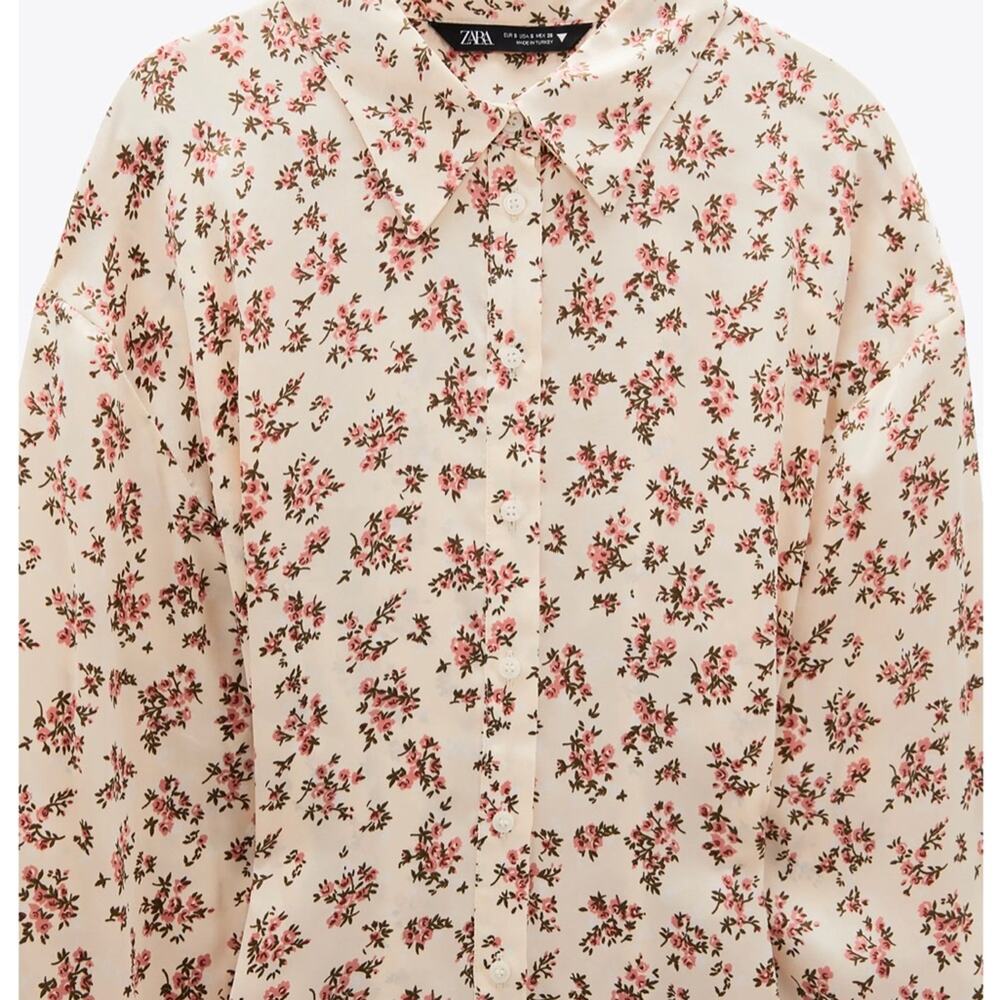 Zara Beige Cream Floral Satin Long Sleeve Button Down Shirt Blouse Size XS - Picture 12 of 16